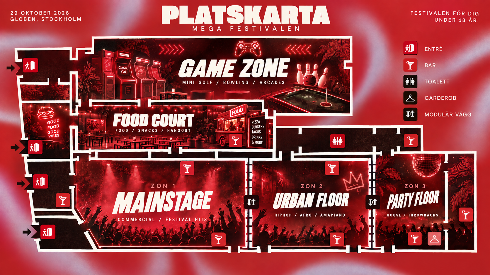 Platskarta för MEGA Festivalen med Mainstage, Urban Floor, Party Floor, Game Zone, Food Court och entréer